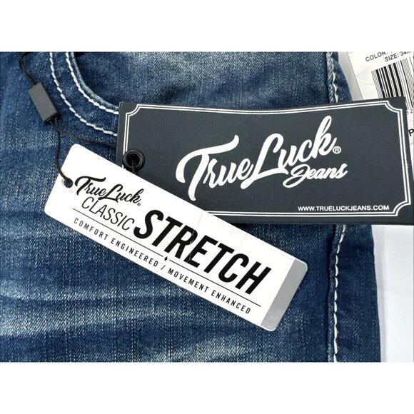 True Luck Jeans Mens 34x30 Blue Denim Bootcut Stretch Embroidered Whiskering - Picture 3 of 11
